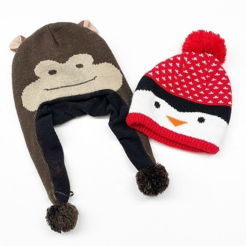 Set of 2 San Diego Zoo Safari Park Monkey & Penguin Pom Pom kids knit beanies